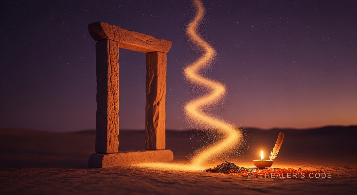 A weathered stone threshold stands alone in a vast twilight desert, half-open like a doorway to nowhere, its edges softly