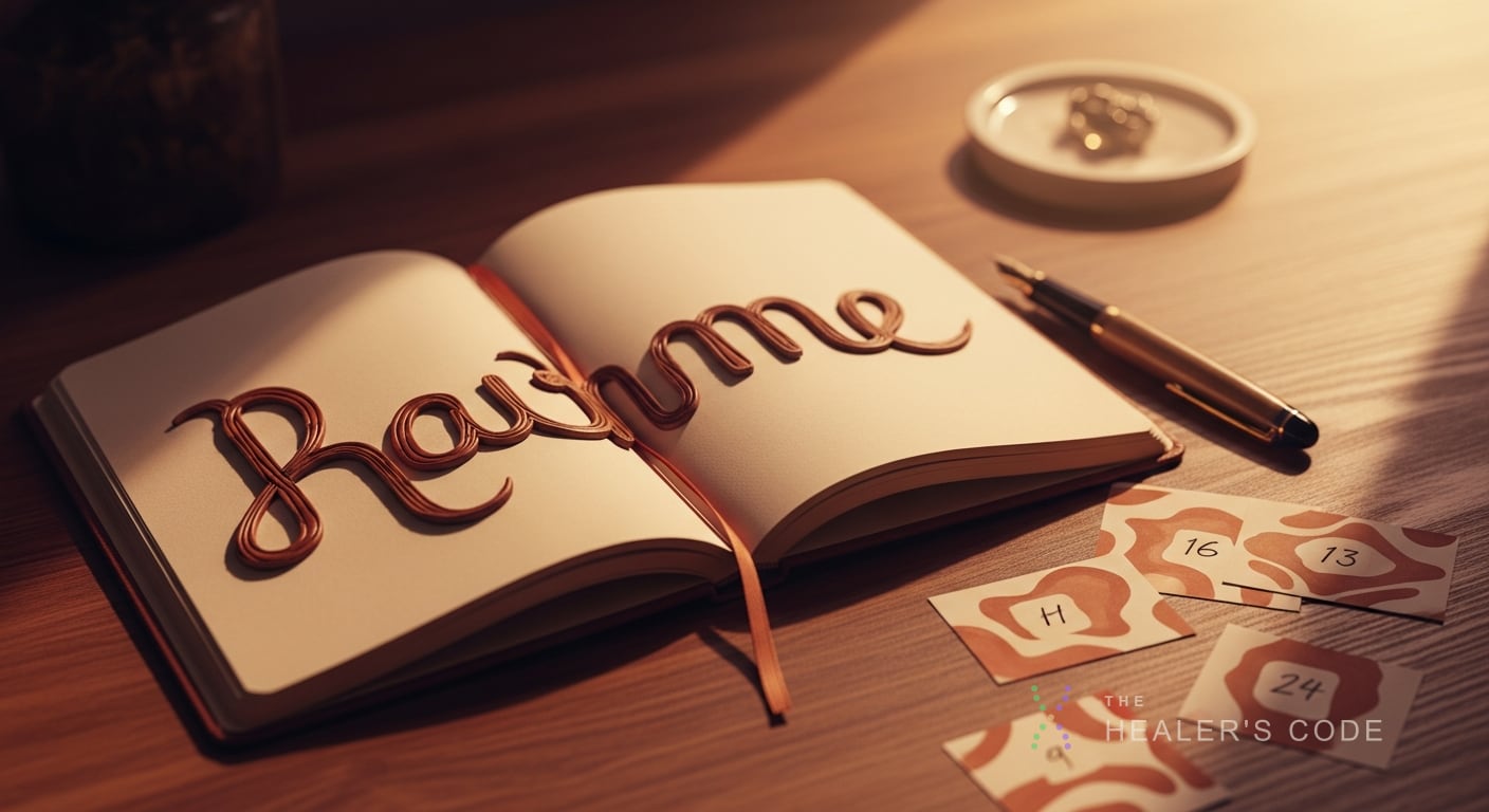 An open journal with a name written out and small numbered paper slips beside a fountain pen