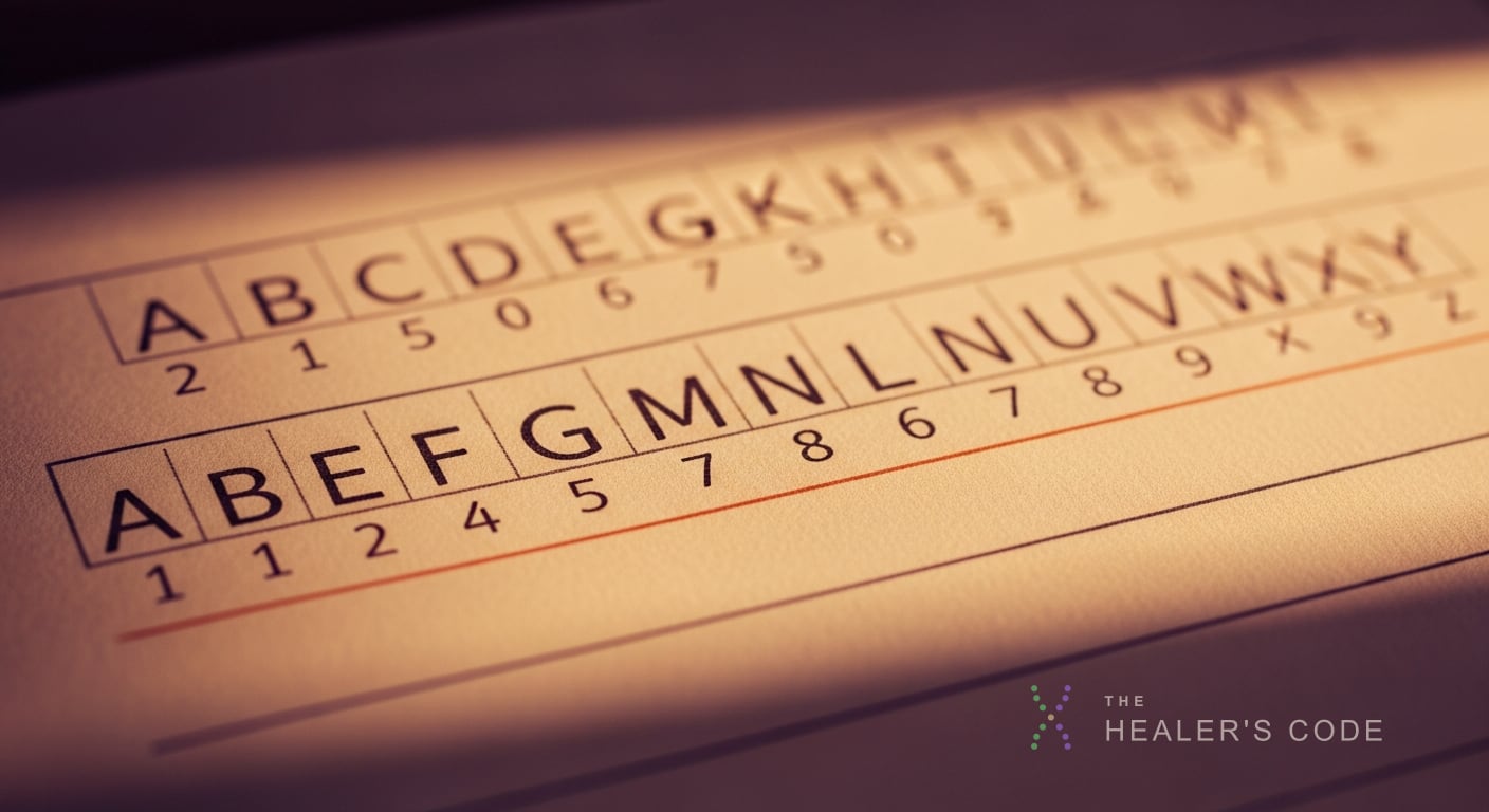 Handwritten numerology worksheet mapping the letters of a name to single digits
