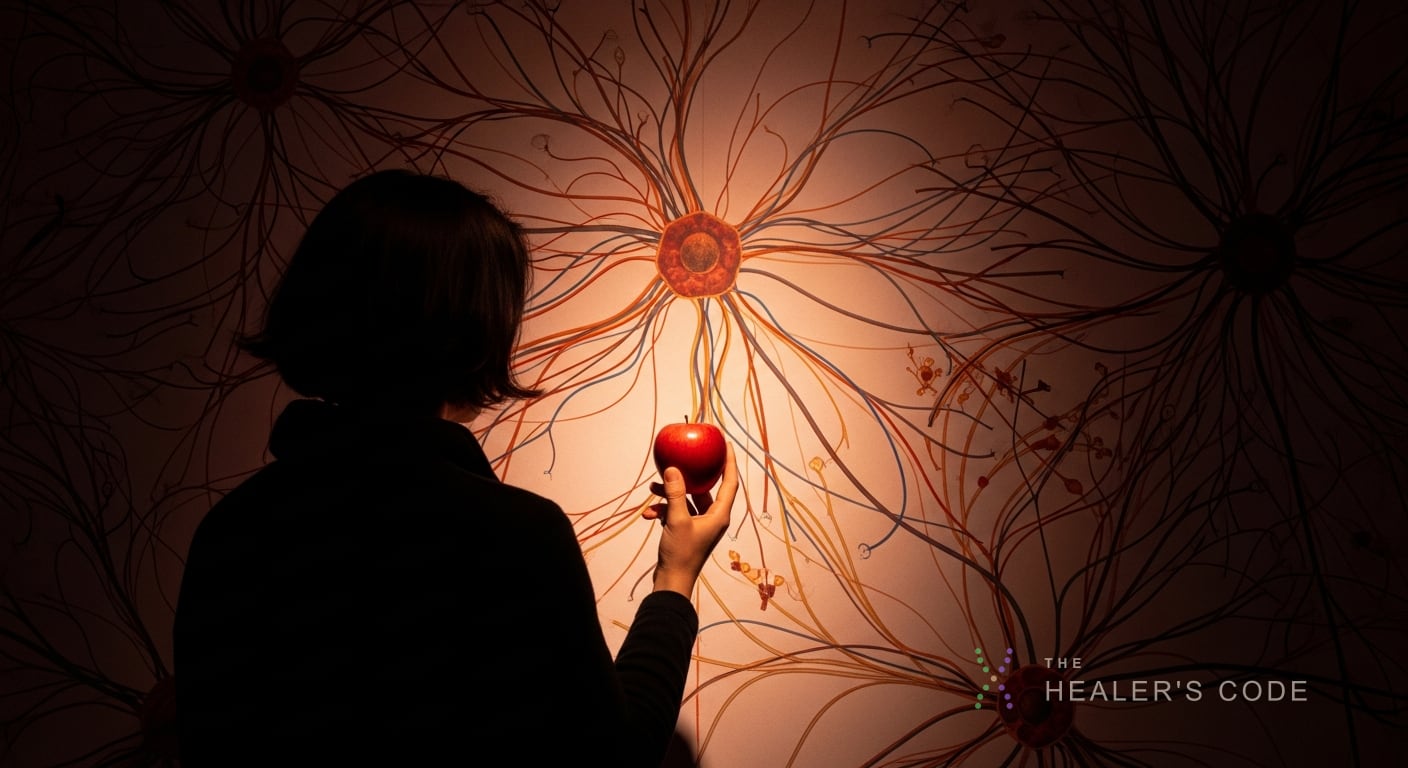 A person facing a wall of brain wiring while examining a single red apple, showing the gap between mechanism and experience