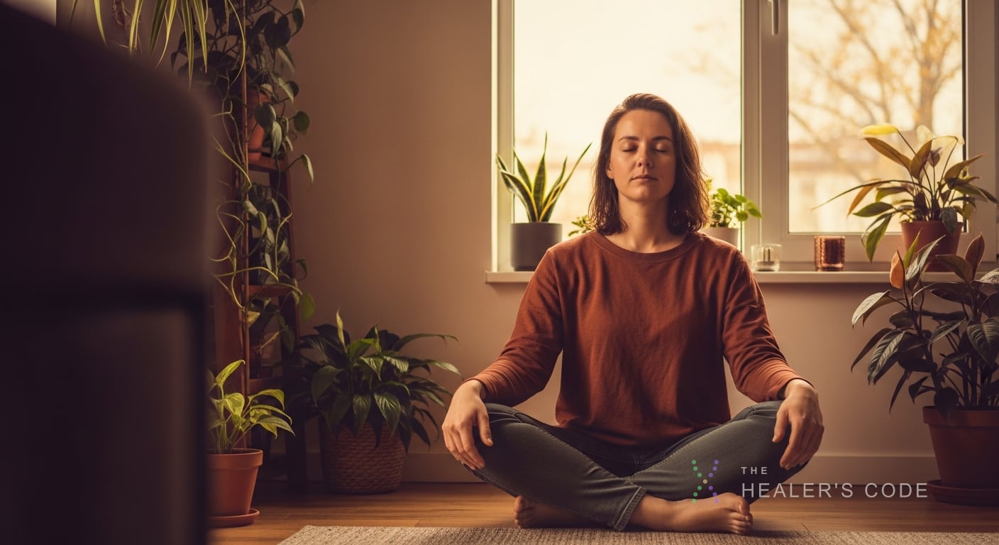 A person sitting calmly in soft morning light with eyes closed, resting in quiet meditation