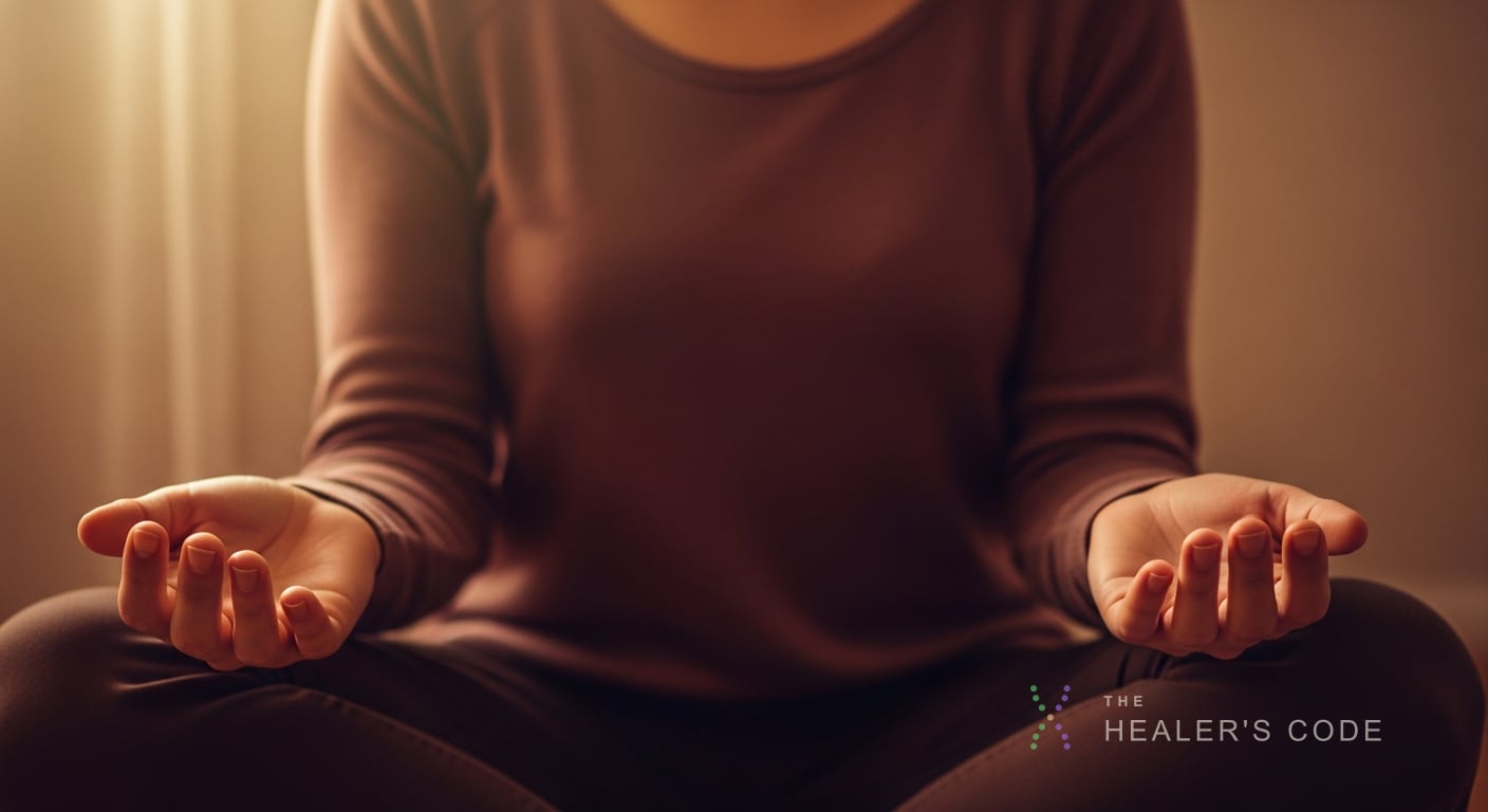 A person sitting quietly with hands resting open, attention turned inward and settled