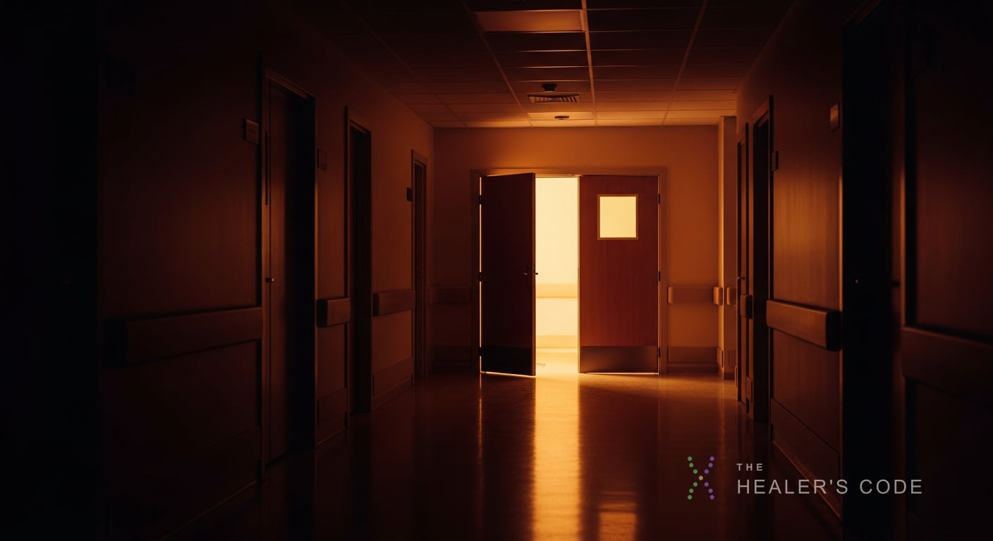 A dim hospital corridor at night with warm light coming from a single open doorway