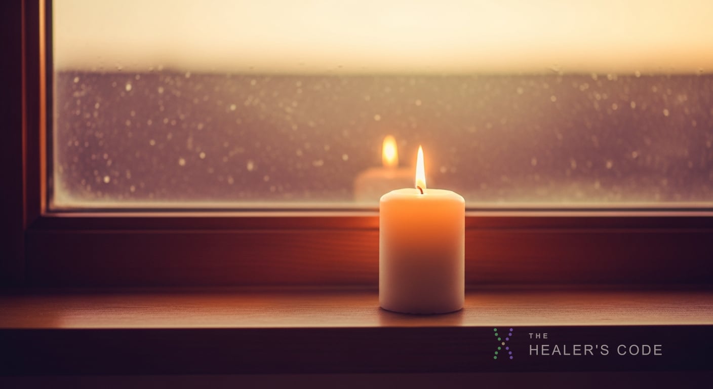 A single lit candle on a windowsill with early morning light coming through the glass