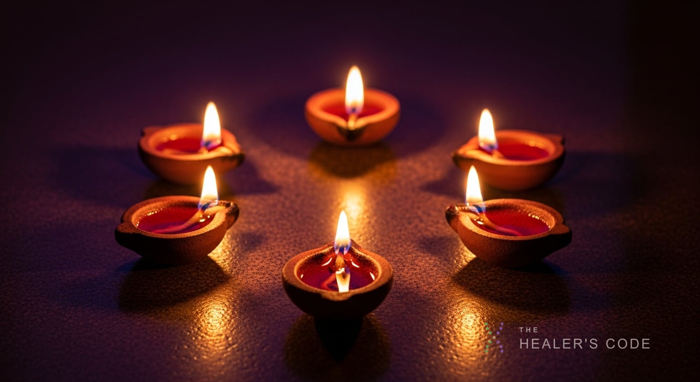 Six small oil lamps burning in a circle on dark stone, evoking distinct traditions side by side
