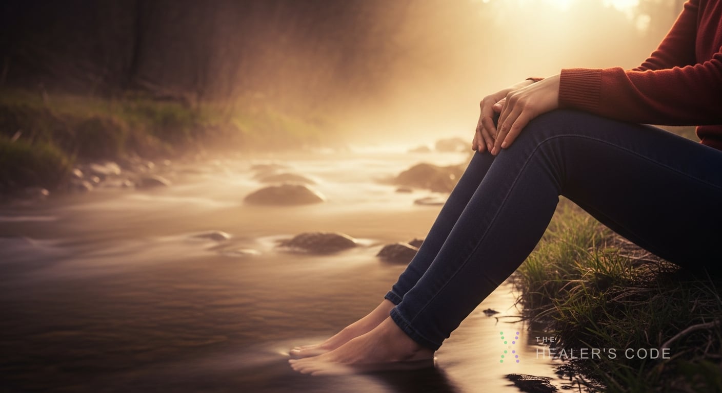 A person sitting calmly by a slow stream at dawn with open hands, suggesting effortless alignment