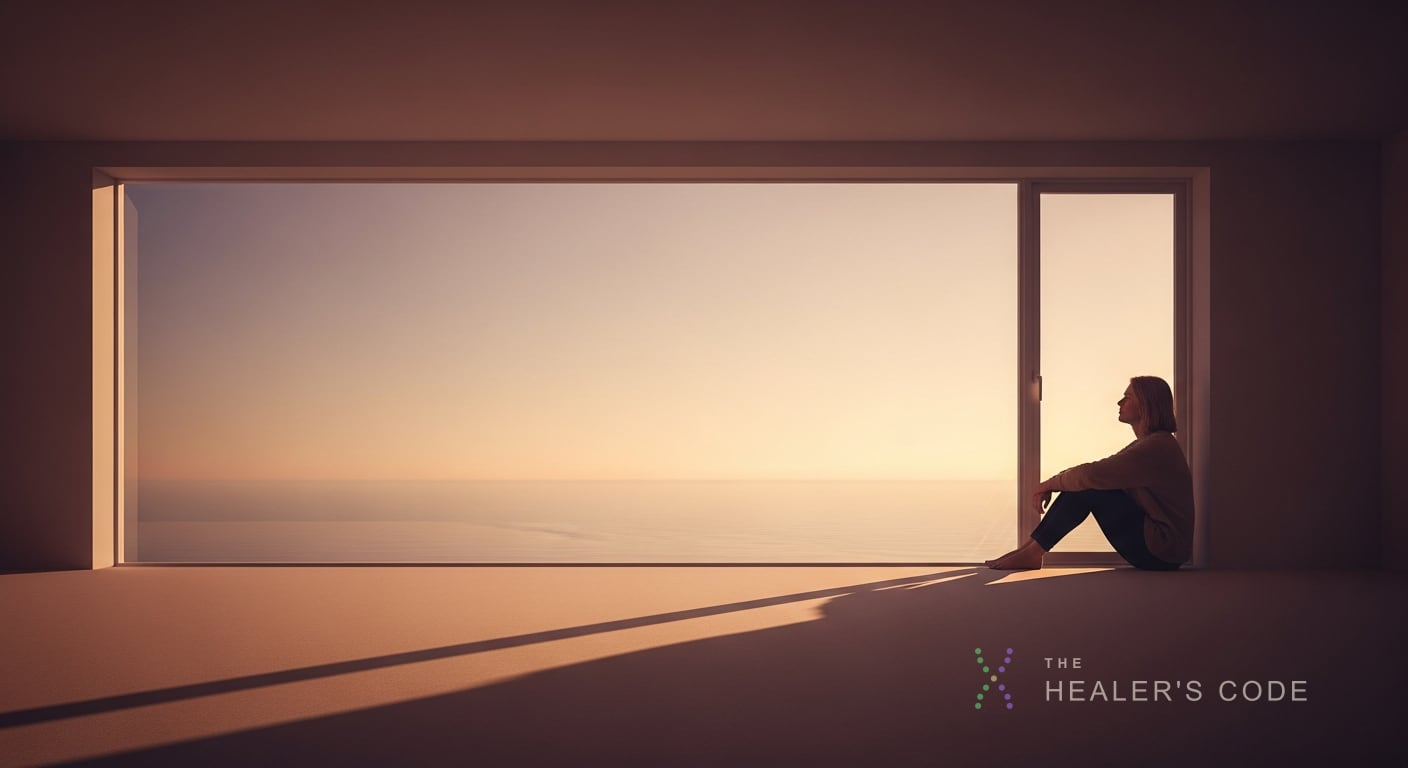 A person sitting alone by a wide window at dawn, looking toward a calm horizon