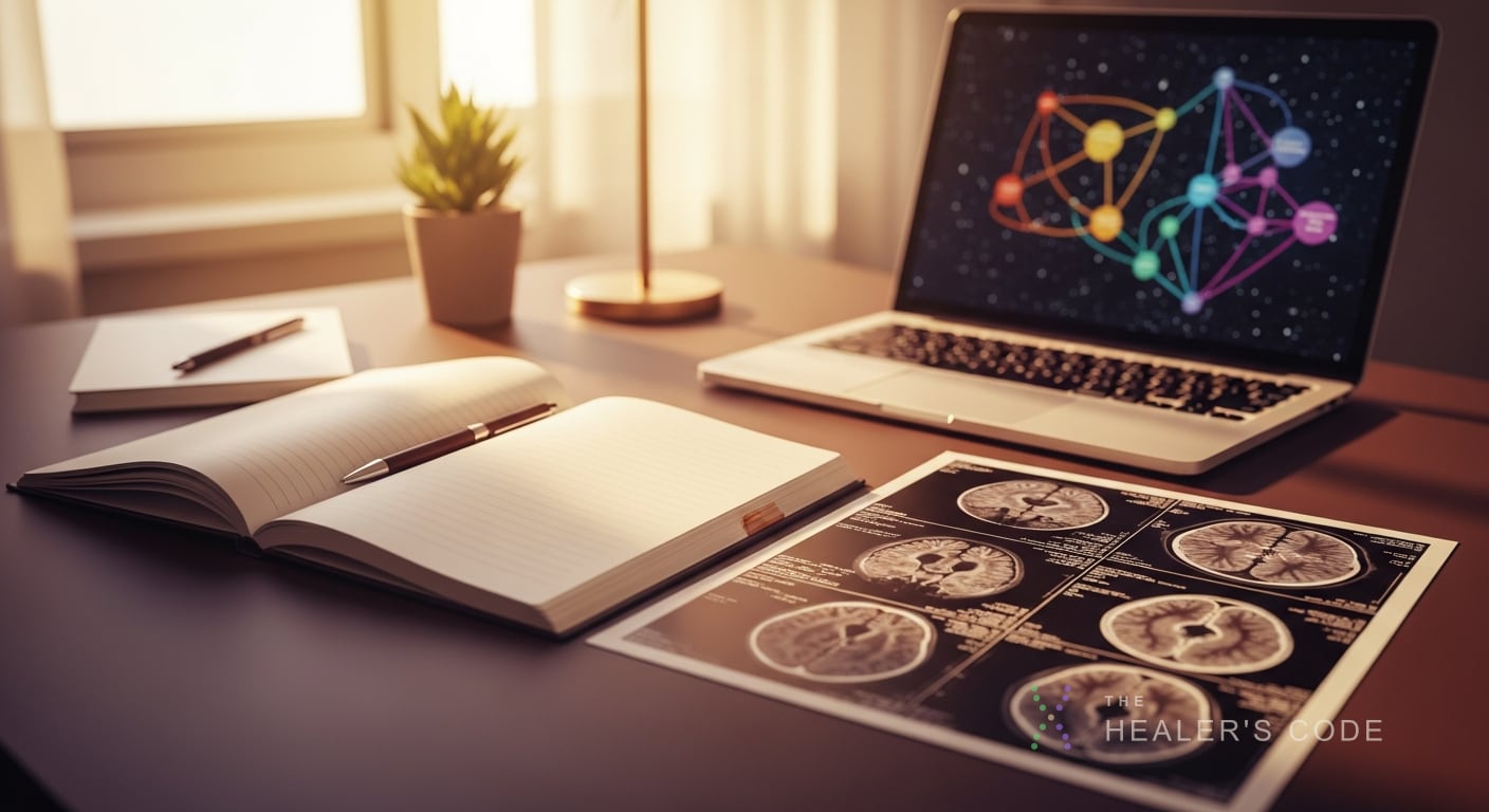 A research desk with a notebook and brain imaging printouts beside a laptop showing network diagrams