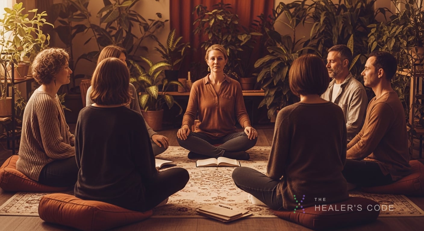 Adults sitting in a circle in a warm room, listening to one another in a calm setting