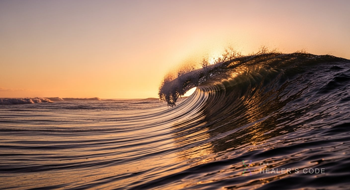 A cresting ocean wave lit by dawn light, a stable shape made of constantly moving water