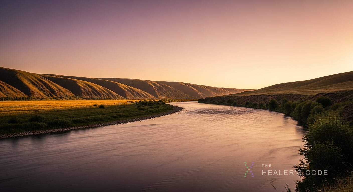 A flowing river through green hills, echoing the idea that identity is a stream rather than a fixed object