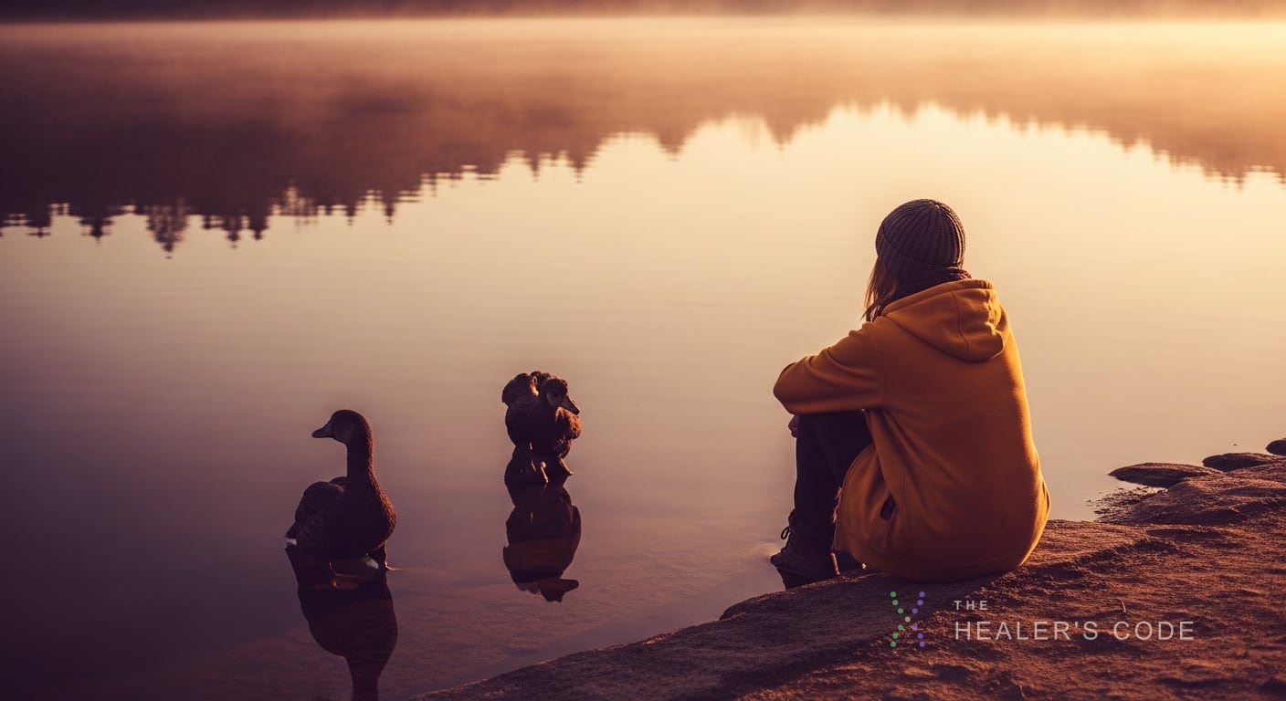 A person gazing at their reflection in a calm lake, suggesting quiet self-reflection on who they are