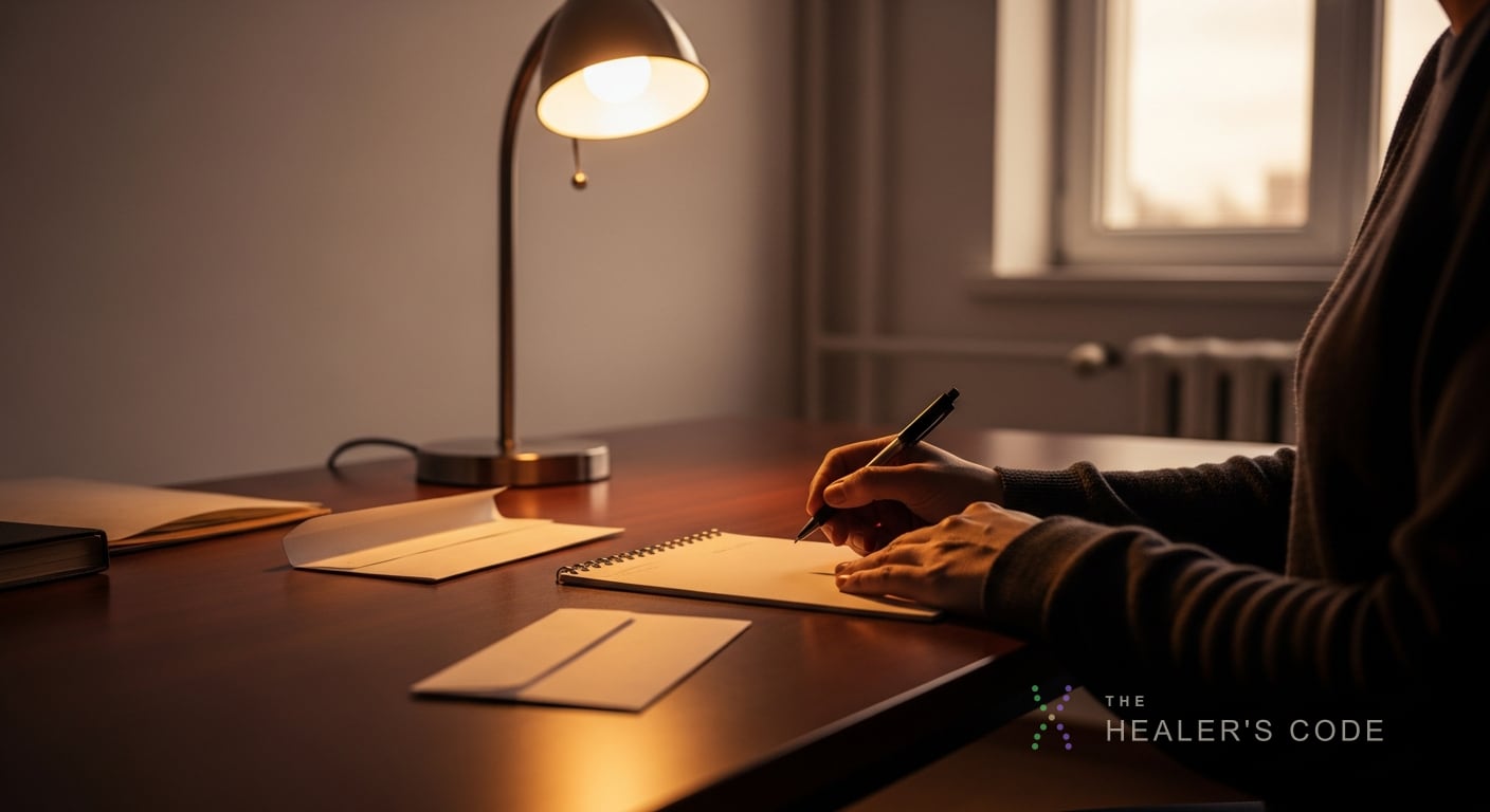A person at a desk sketching on a pad beside a sealed envelope in a quiet research room