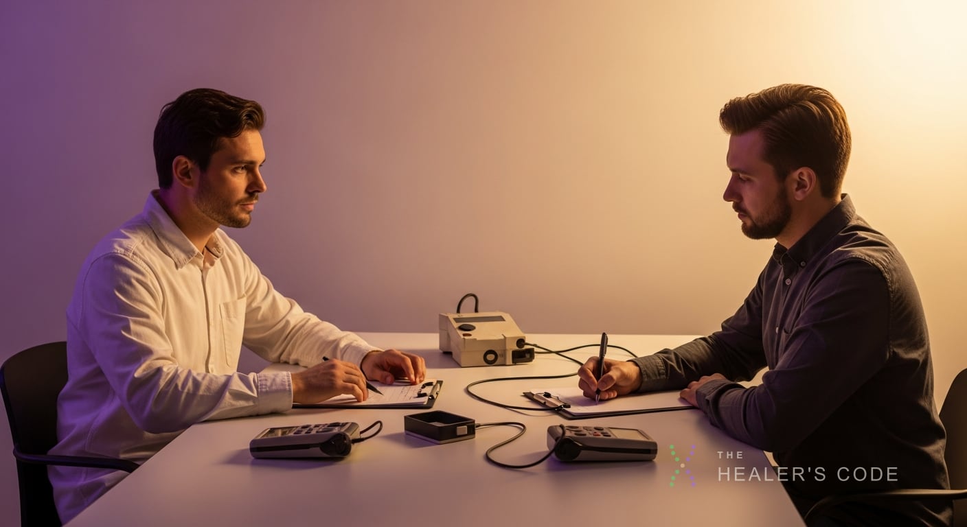 A researcher observing a participant writing notes during a controlled perception experiment
