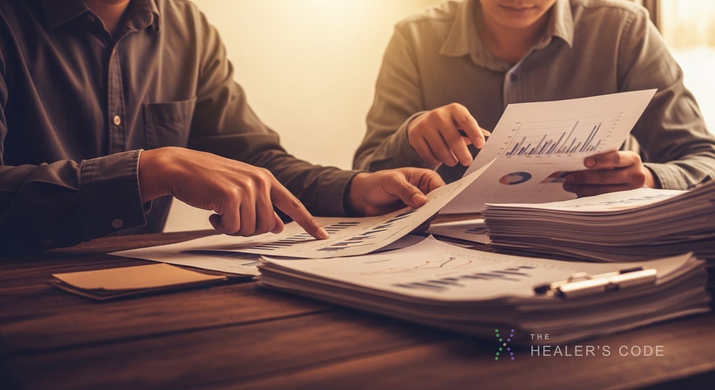 Two people examining charts and documents together while discussing the evidence