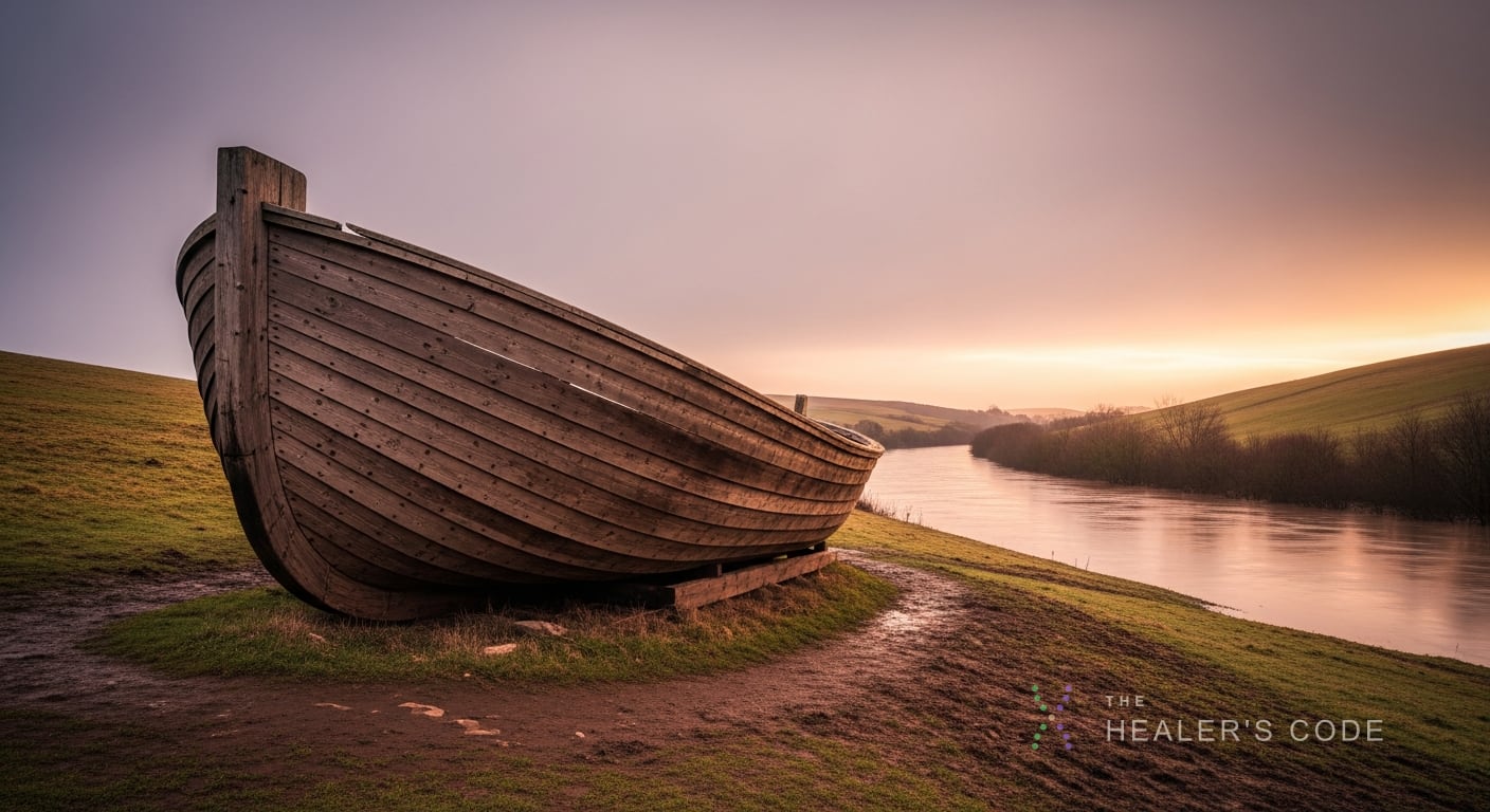 A weathered wooden boat resting on a muddy hillside as floodwater drains from the valley below