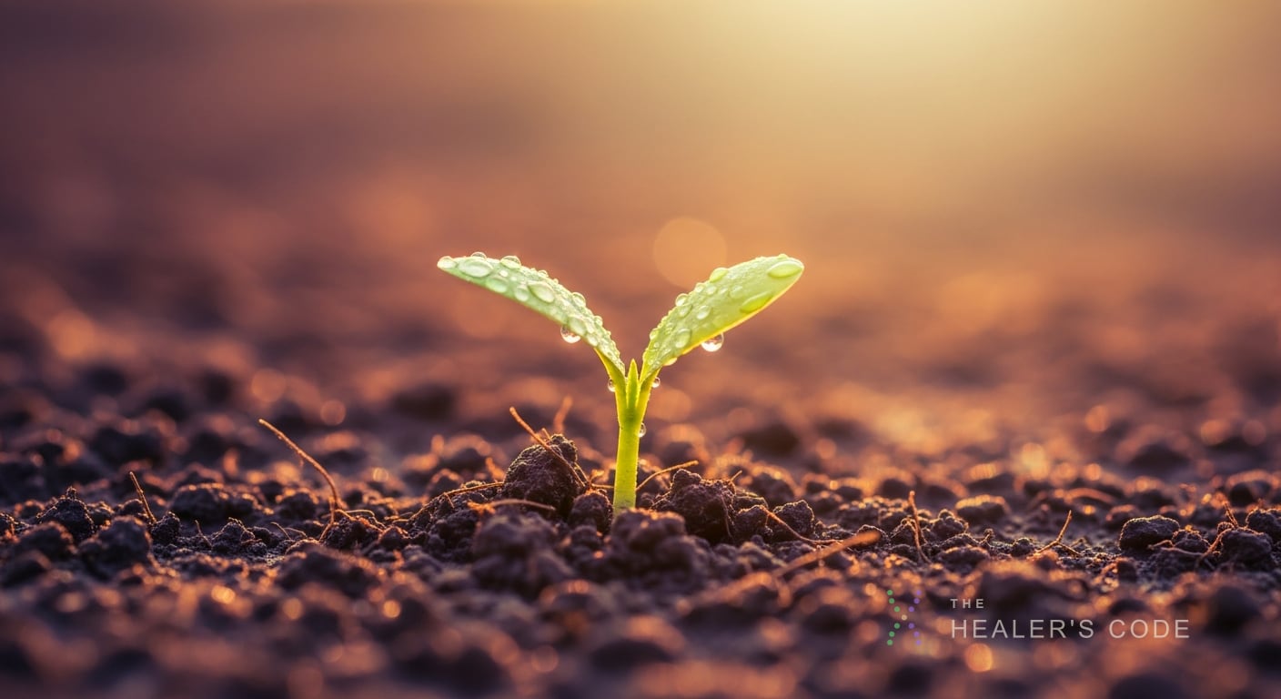 A single green sprout pushing up through dark wet soil in early morning light