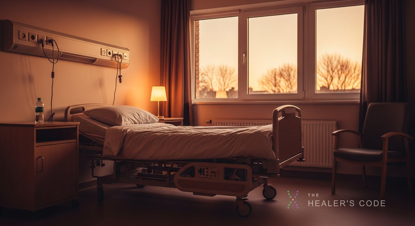 A calm, softly lit hospice room at dusk with a bed by a window and a bedside lamp