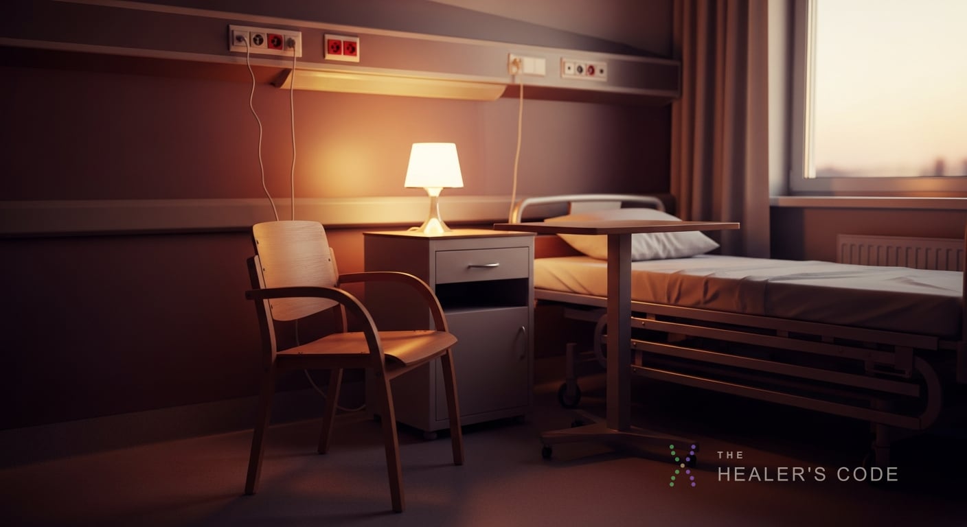 A quiet dusk-lit hospital room with a lamp and an empty chair pulled beside the bed