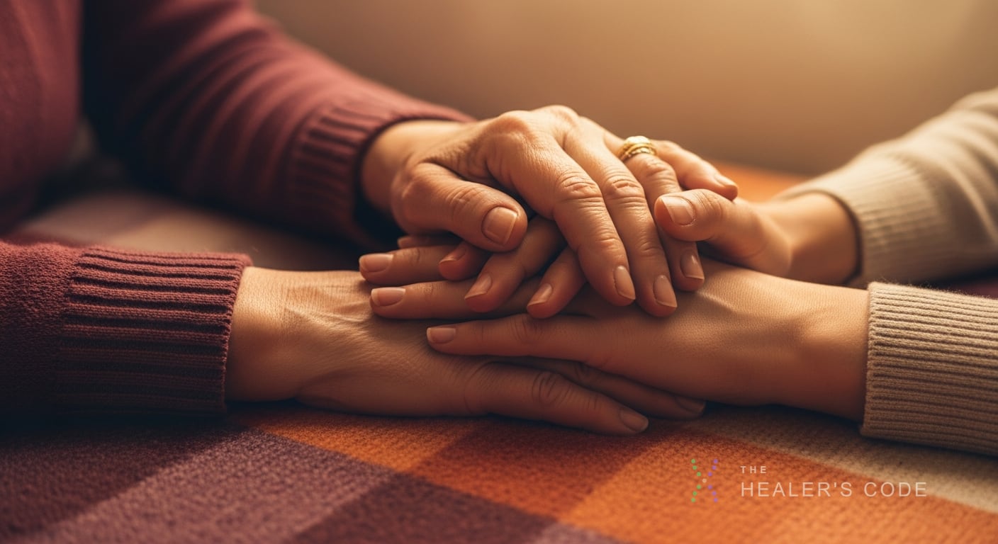 The hands of an older person and a younger person resting together on a soft blanket
