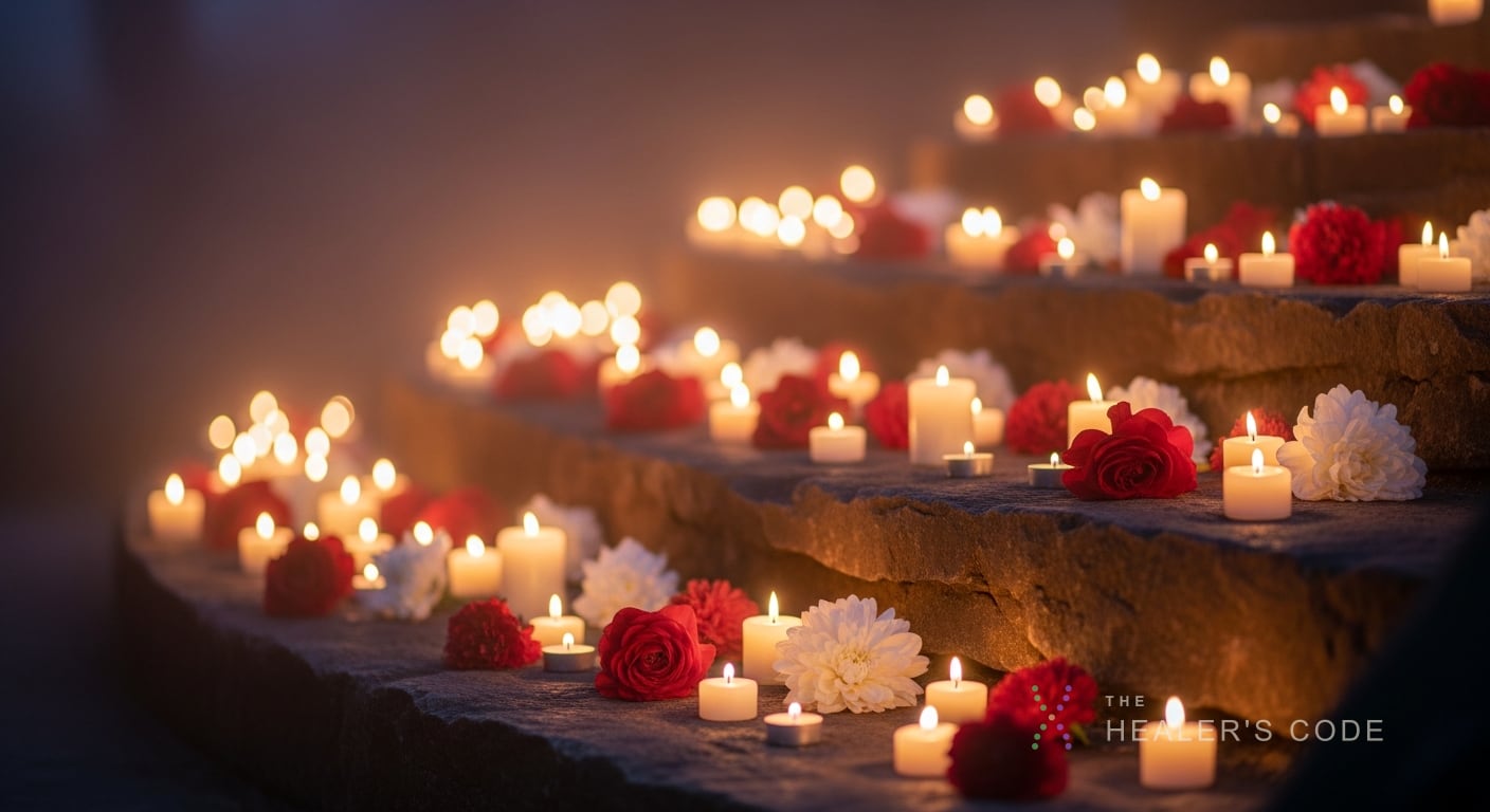 Rows of lit candles and flowers on stone steps at dusk, a quiet setting for honoring the dead