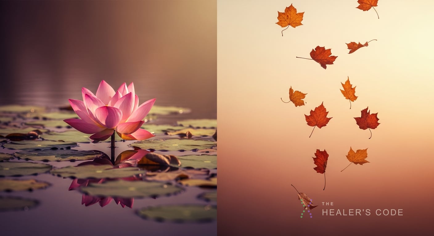 A lotus opening over water beside falling autumn leaves, suggesting rebirth and release