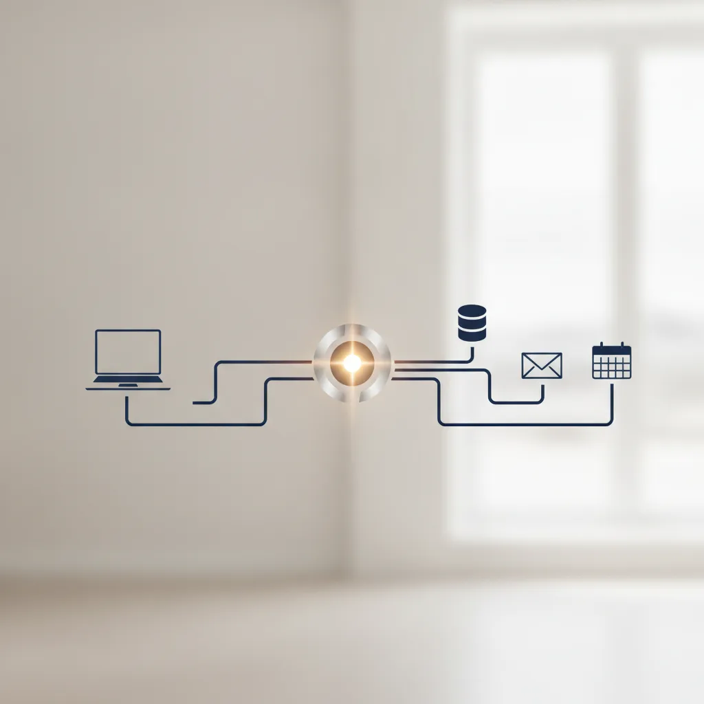 Diagram-style scene showing a laptop connected through a central hub to a customer database, an email platform, and a