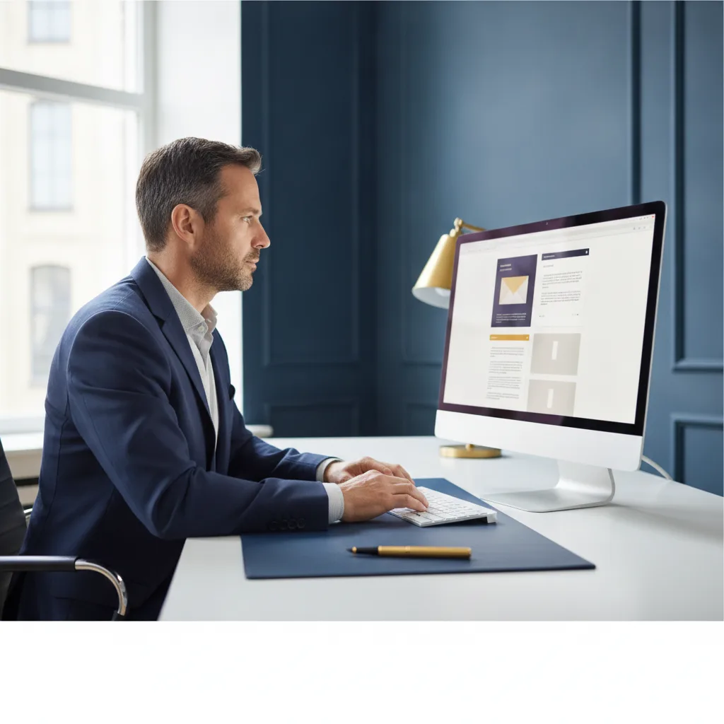 An owner-operator at a desk reviewing a drafted email campaign on a monitor before approving it