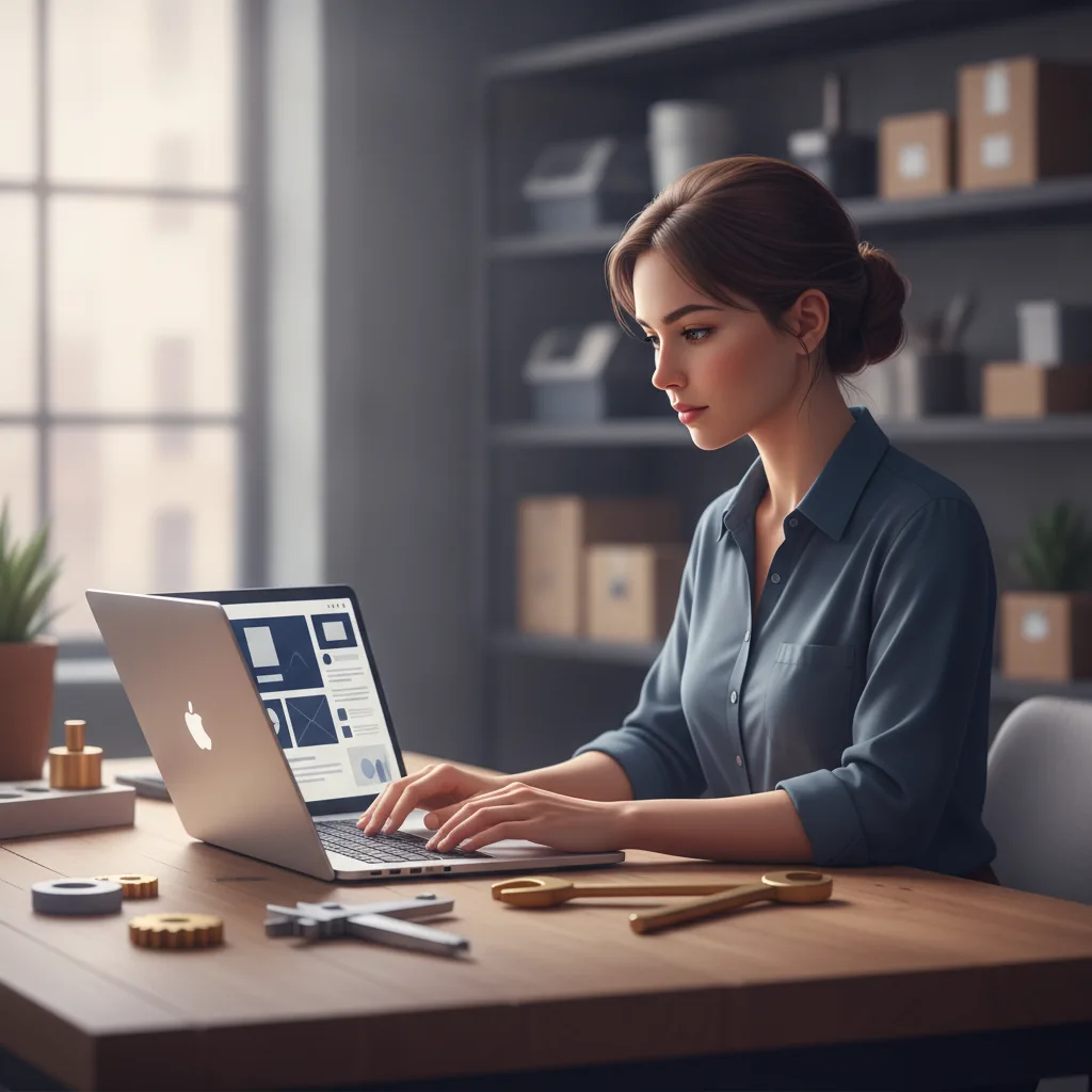 Illustration of a small business owner reviewing website and profile listings on a laptop at a workbench