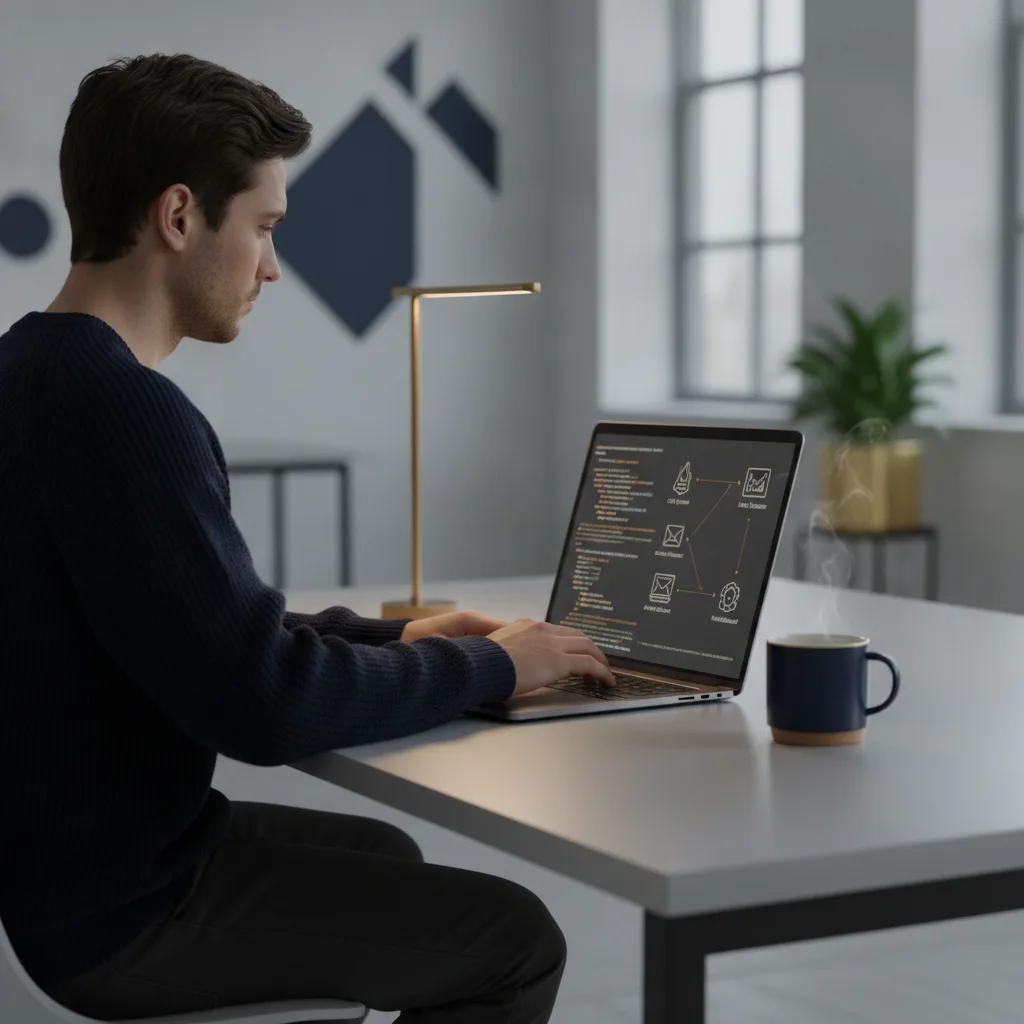 Developer at a desk connecting marketing tools through code on a laptop