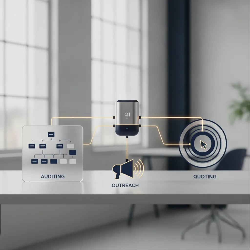 An AI assistant connected to separate tools for auditing, quoting, and outreach