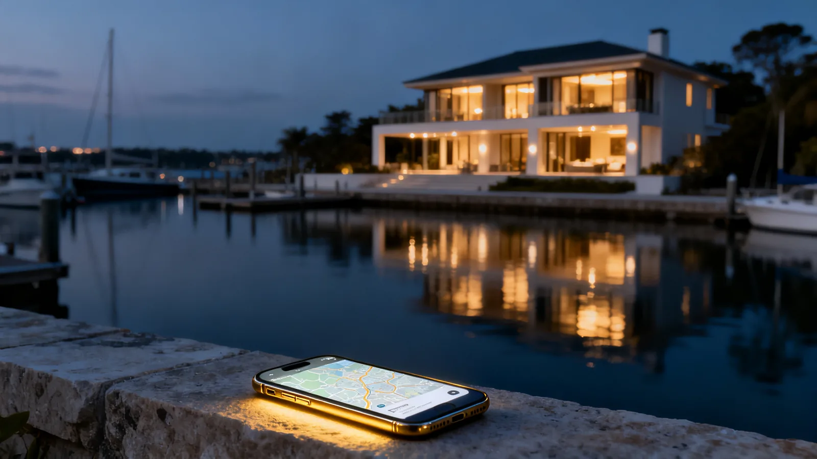 A luxury waterfront home lit at dusk beside a calm marina, suggesting high-end real estate search