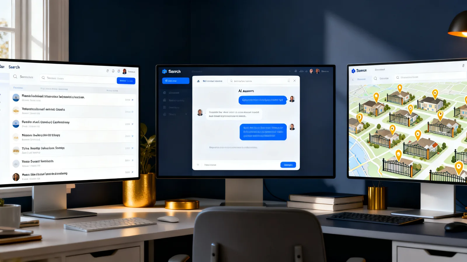 Three search surfaces side by side: a results list, an AI answer panel, and a map with pins on communities