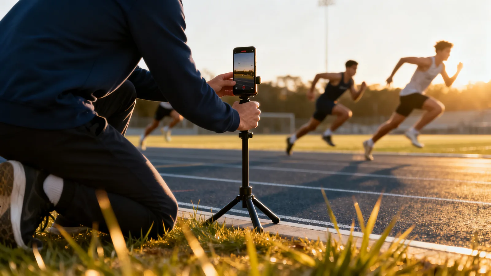 A person filming athletes on a field with a smartphone mounted vertically on a small tripod at sunset.
