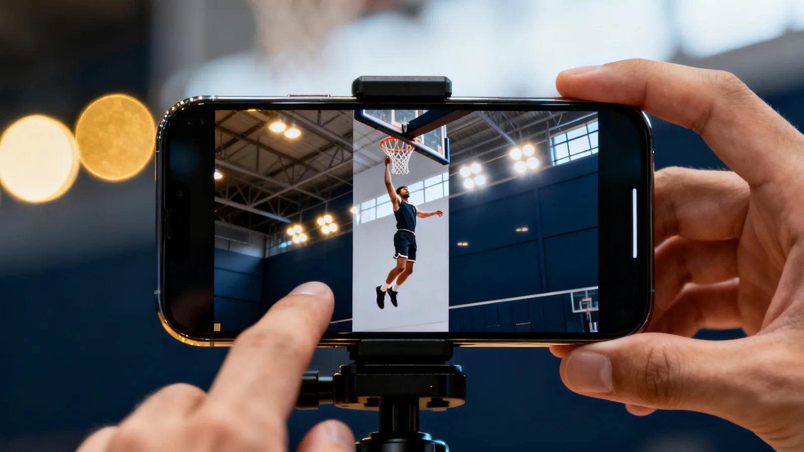 A smartphone on a tripod framing a vertical shot of a basketball player leaping toward the hoop in a gym.