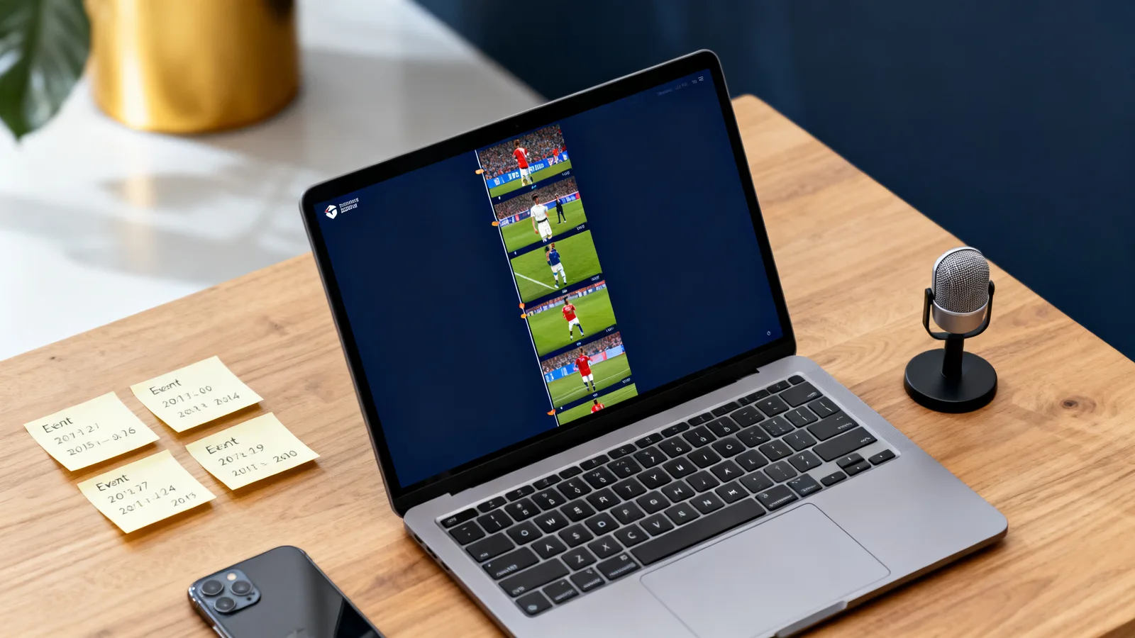 An overhead view of a laptop editing several short sports clips beside sticky notes organized by event date.
