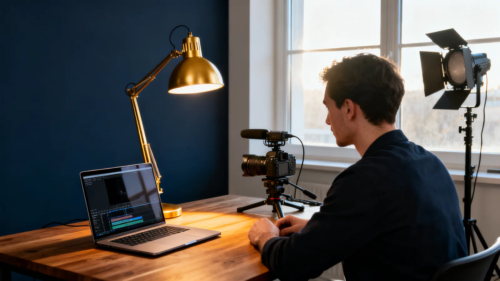A business owner at a desk between a laptop editing setup and a professional camera rig, weighing two options