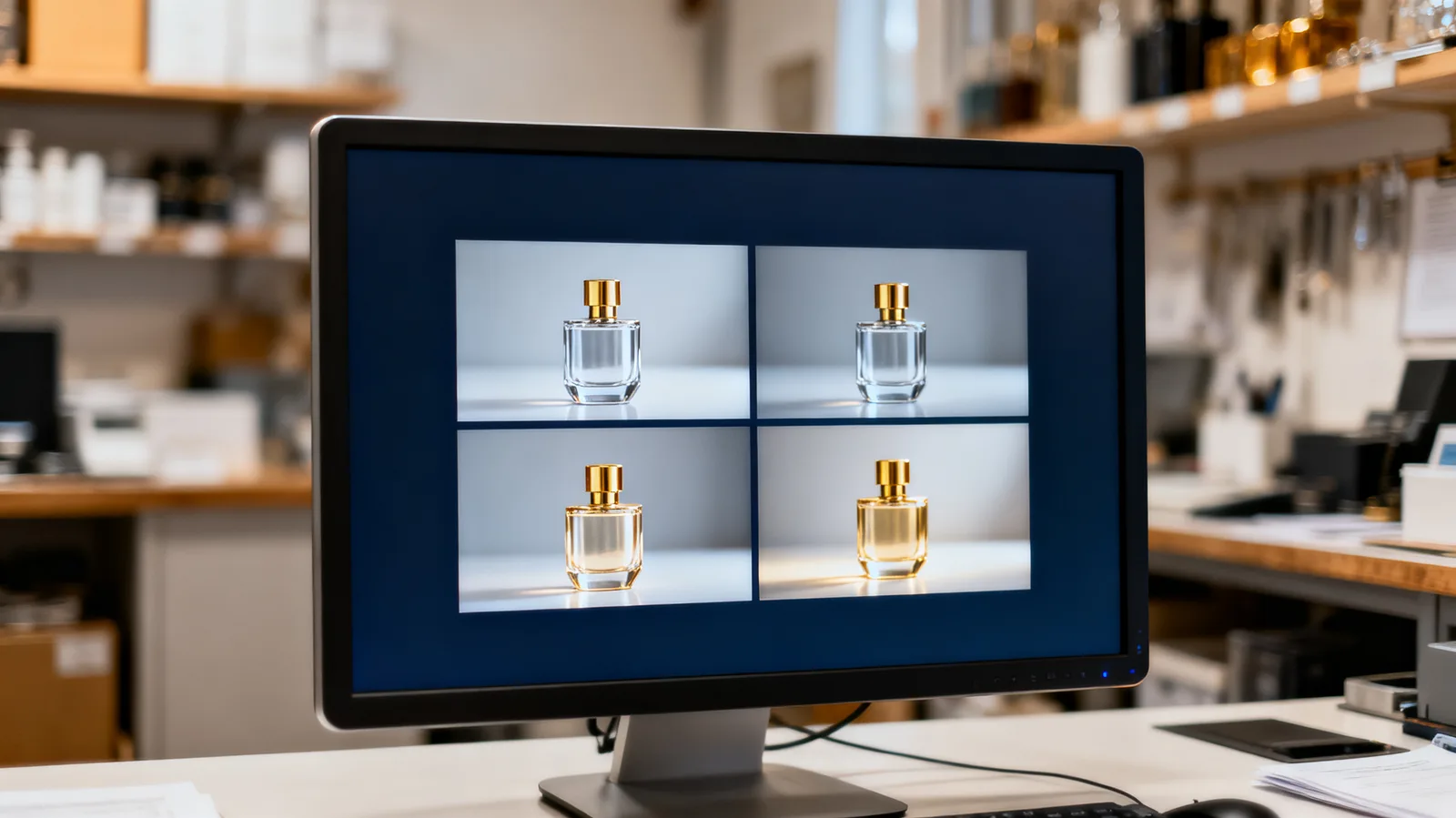 Four AI-generated takes of the same product shown side by side with small differences, illustrating inconsistency