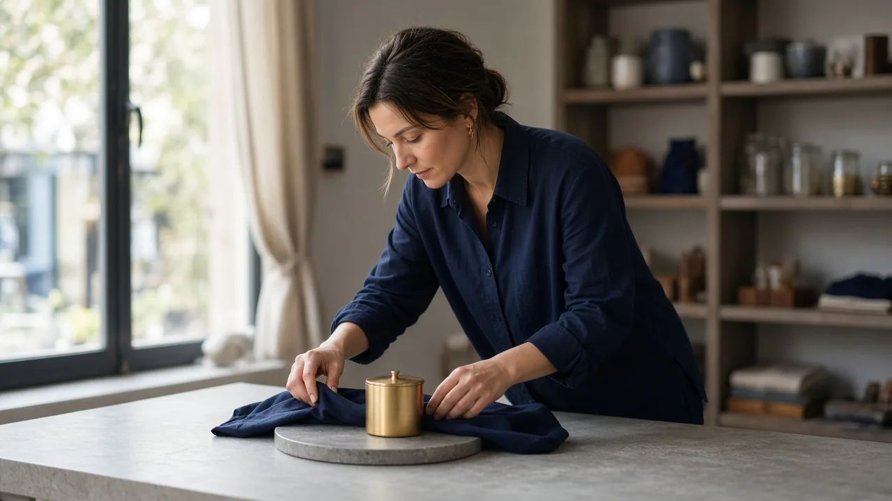Person arranging a product display on a table in a small local store