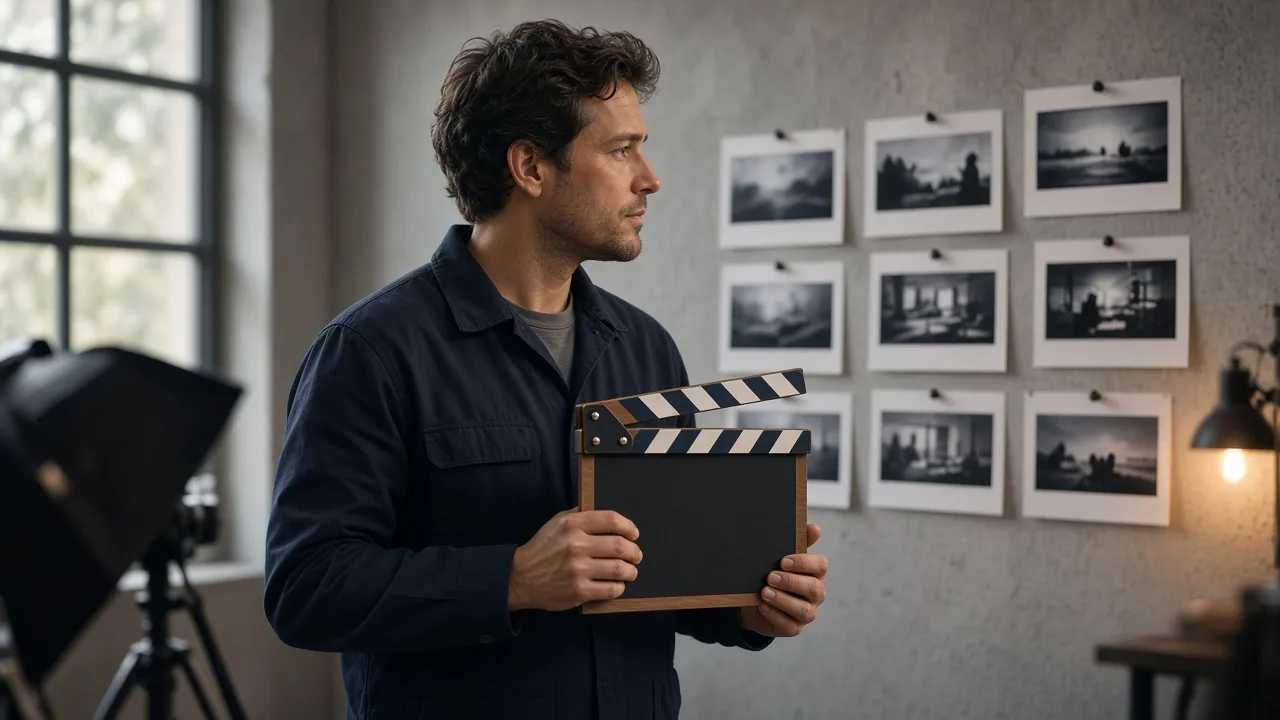 Filmmaker with clapboard before storyboard cards on set wall
