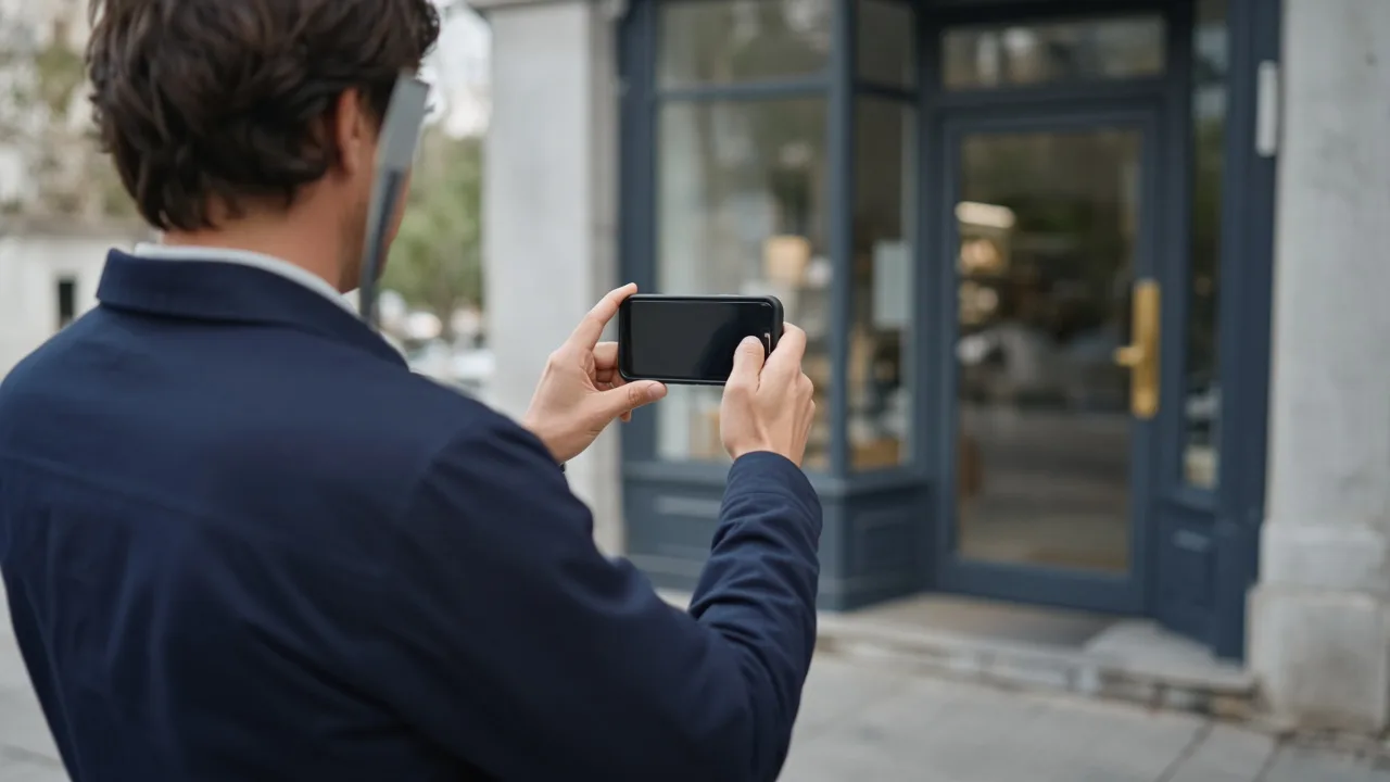 Hand holding phone filming a storefront exterior
