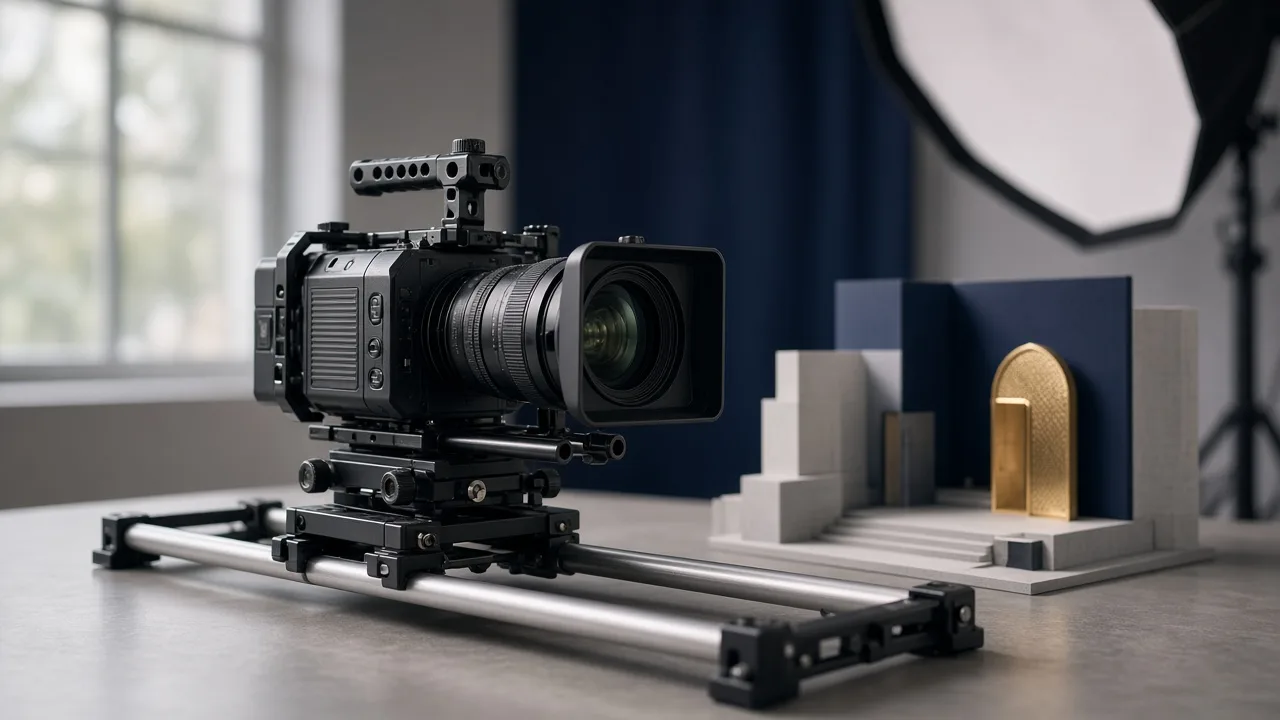 Camera on slider rail next to lit product set