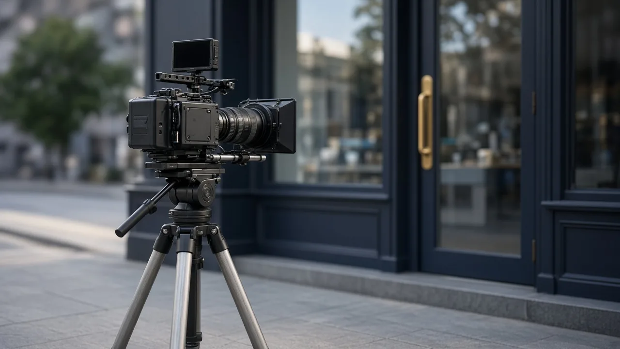 Tripod-mounted camera filming storefront on sidewalk