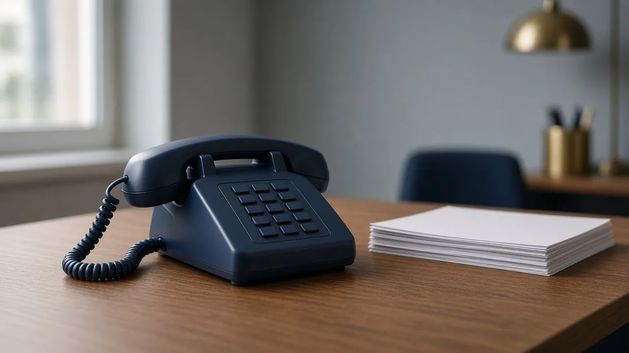 Landline phone and printed scripts on a desk in an office setting