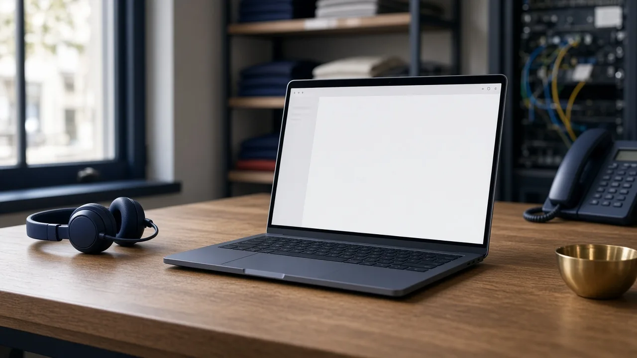 Laptop on shop desk with chat area visible on screen