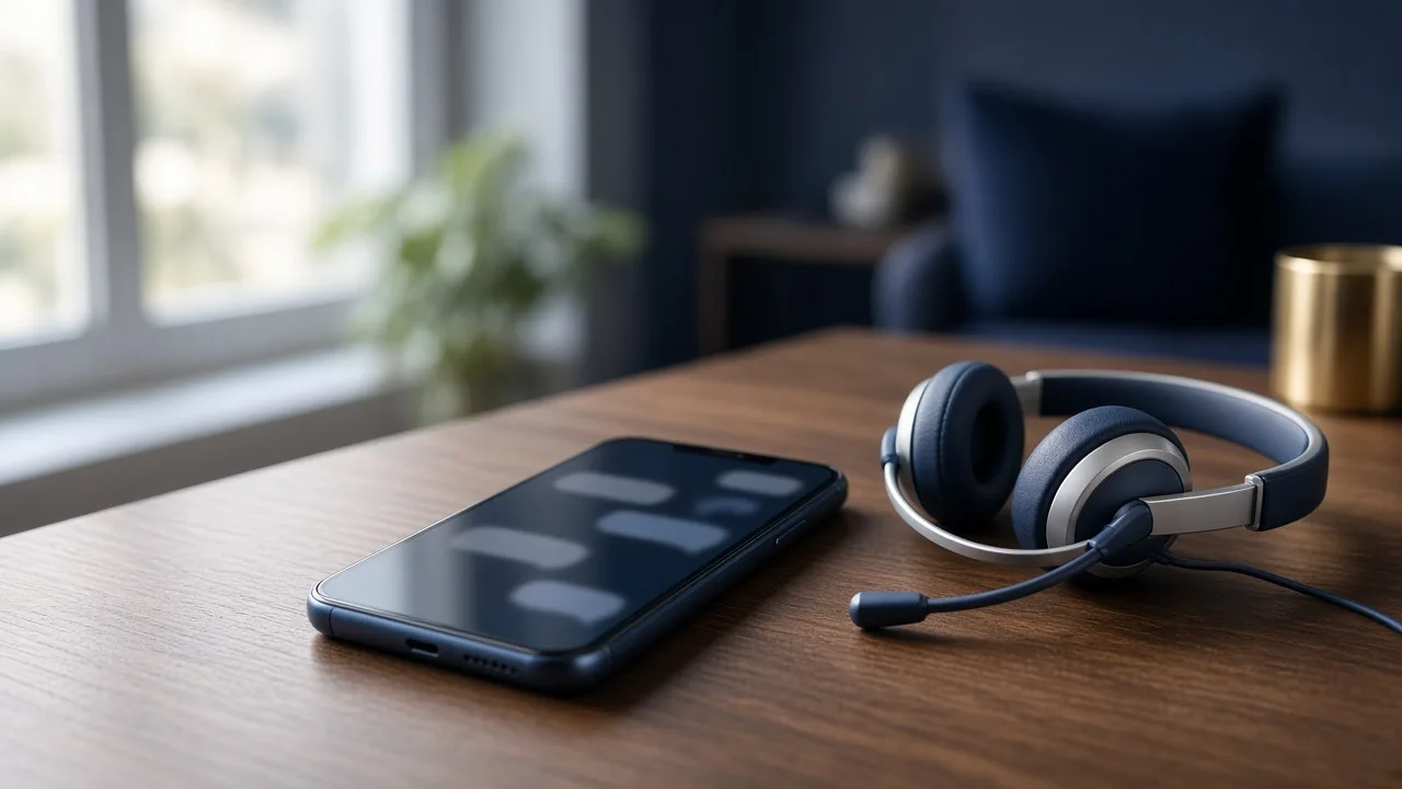 Smartphone with AI chat on a counter next to a headset.