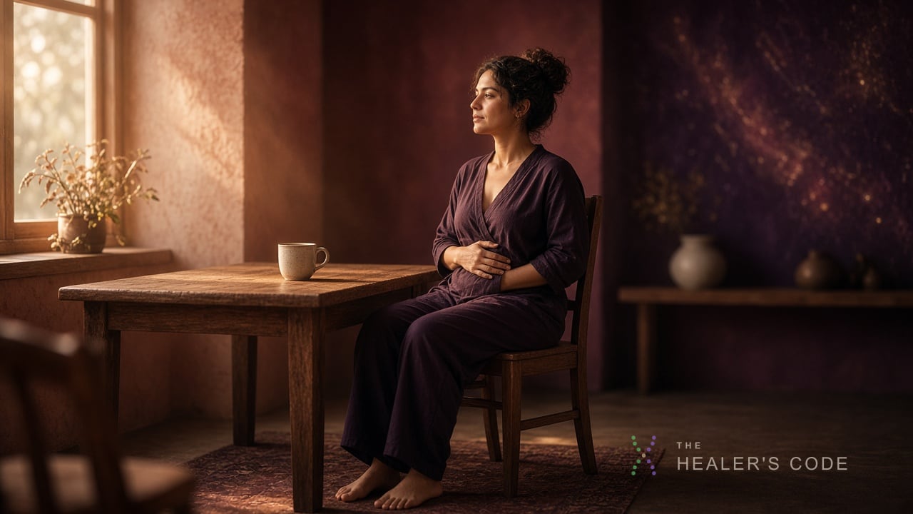 Person sitting at a kitchen table with feet on the floor and a hand on their belly