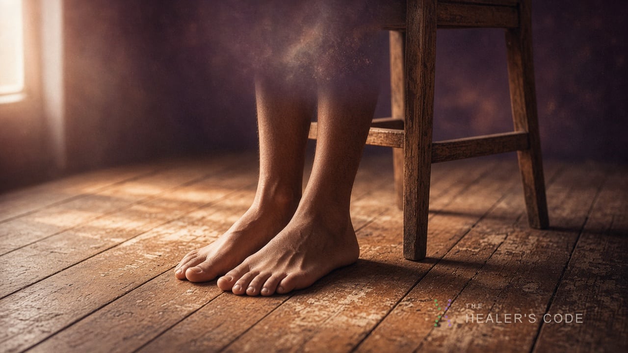 Bare feet resting on a wooden floor beside a chair in daylight