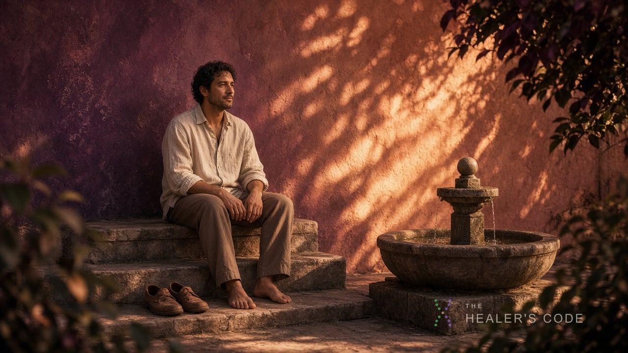 A person sits alone by a courtyard fountain with open hands in late sunlight