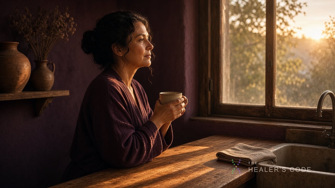 A person holds a mug at a kitchen window while a folded letter rests on the counter